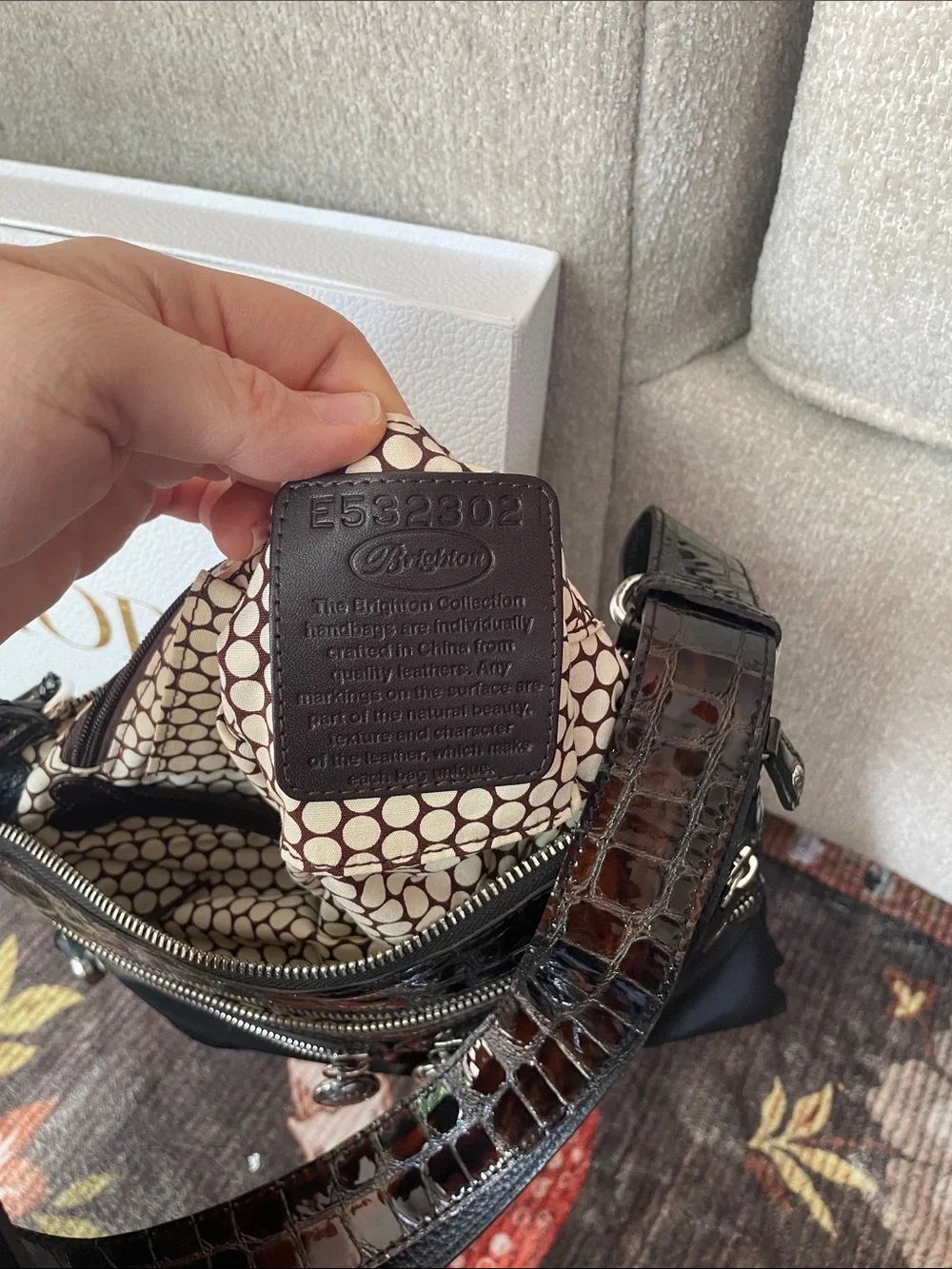 Brighton Brown Croc Embossed Crossbody Adjustable Bag With Silver Heart